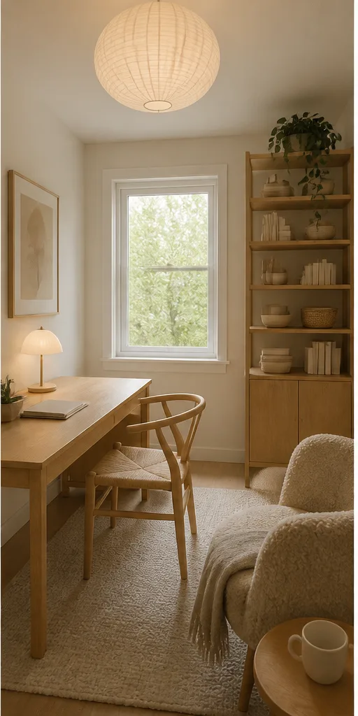 Reference for Scandinavian hygge design with light oak, wool textiles, and soft daylight