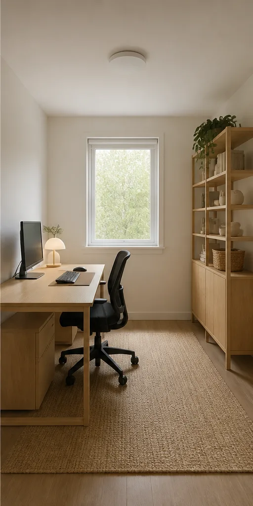 minimal home office with a desk, shelf, and one window after the reference-guided edit
