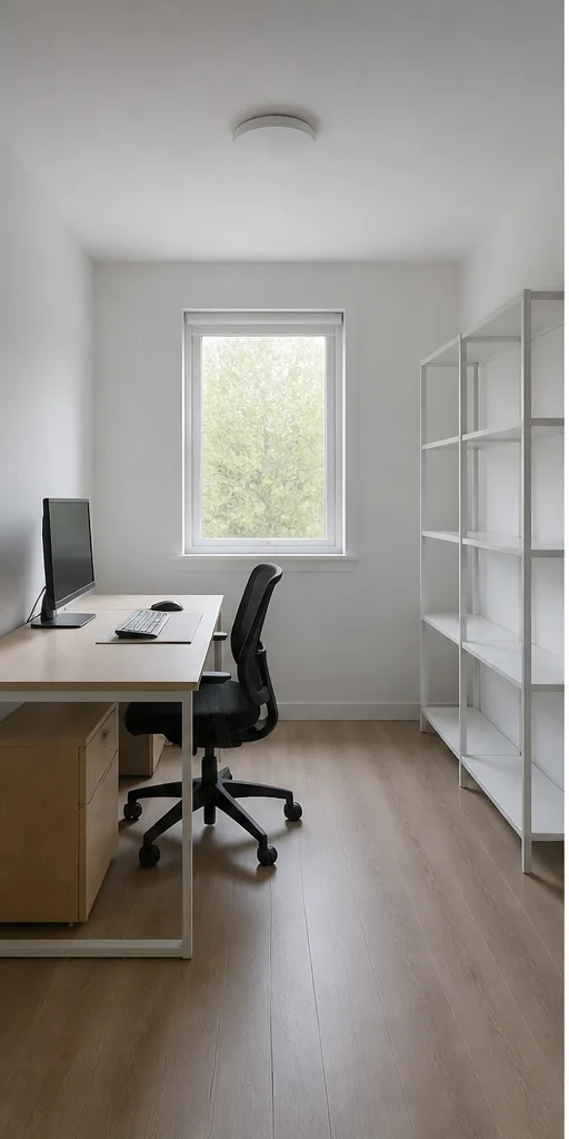 Unedited minimal home office with a desk, shelf, and one window
