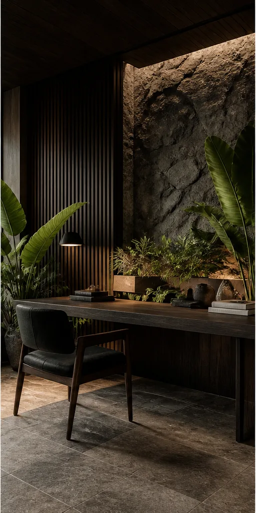 Reference for tropical modern design with dark timber, broad-leaf plants, and textured stone