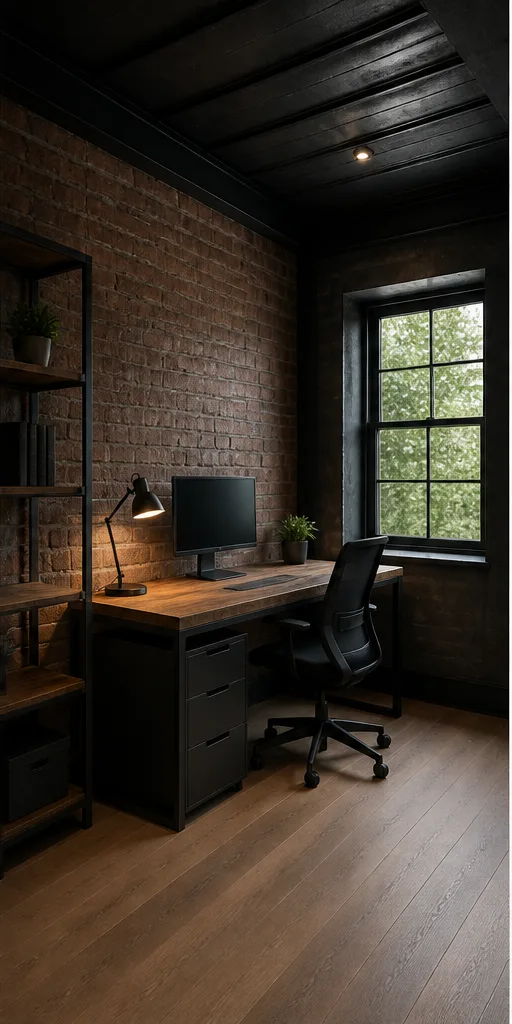 Reference for refined industrial design with blackened steel, reclaimed brick, and warm task light