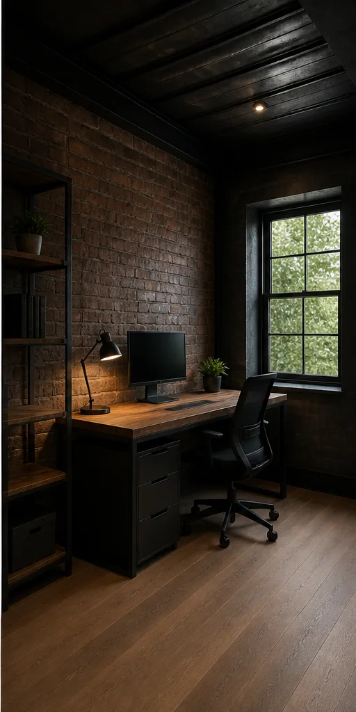minimal home office with a desk, shelf, and one window after the reference-guided edit