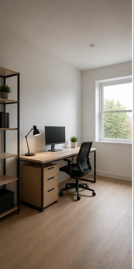 Unedited minimal home office with a desk, shelf, and one window