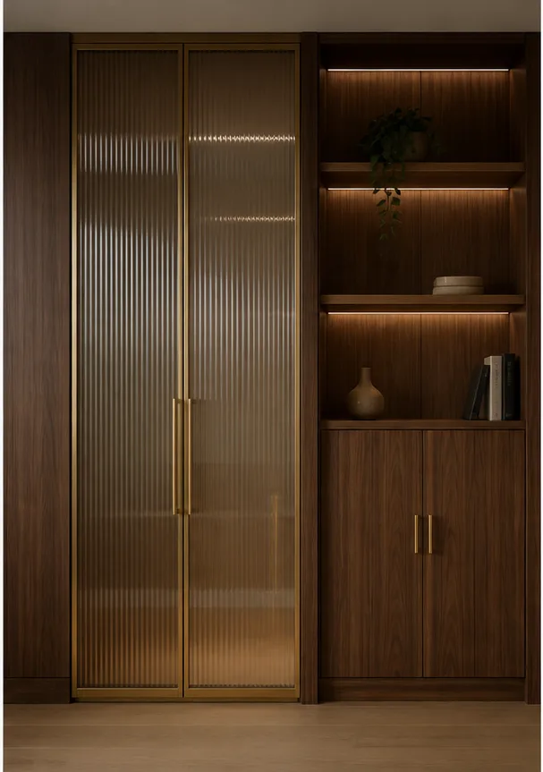 Reference for contemporary Art Deco design with fluted glass, walnut, and muted brass