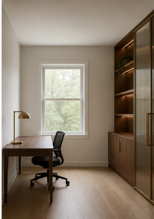 minimal home office with a desk, shelf, and one window after the reference-guided edit