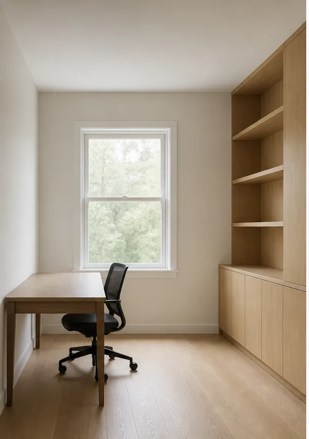 Unedited minimal home office with a desk, shelf, and one window