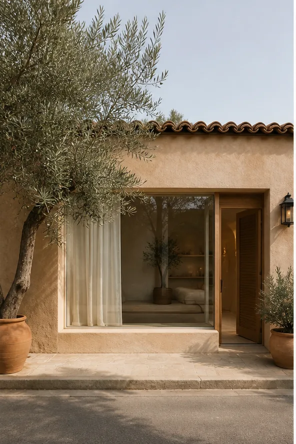 Reference for lush Mediterranean design with terracotta, olive trees, and warm linen
