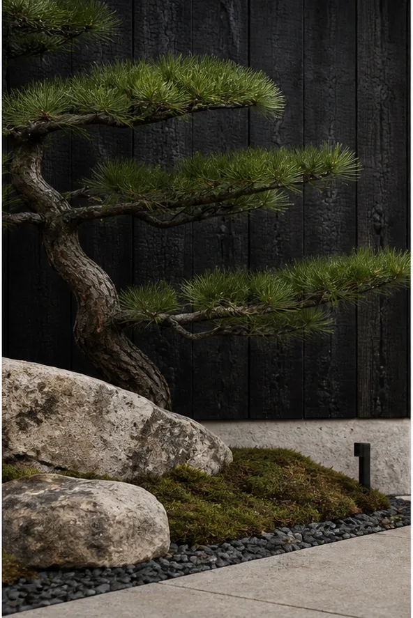 Reference for Japanese wabi-sabi design with charred wood, pale stone, and sculptural pine