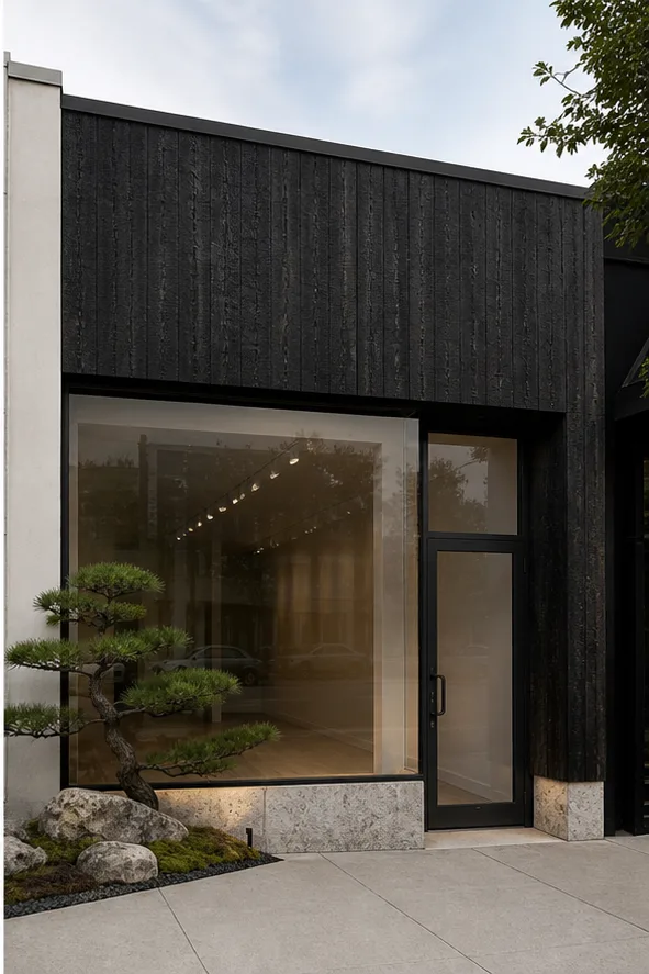 plain neighborhood storefront with a large display window after the reference-guided edit