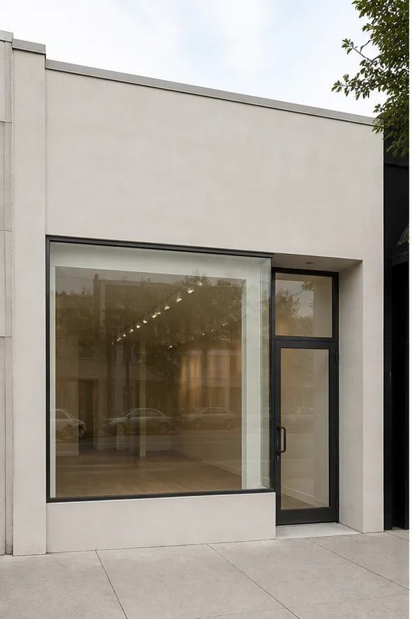 Unedited plain neighborhood storefront with a large display window