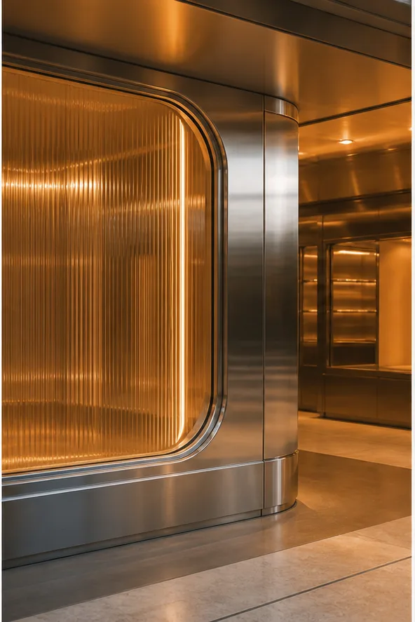 Reference for retro-futurist design with brushed chrome, translucent acrylic, and amber light