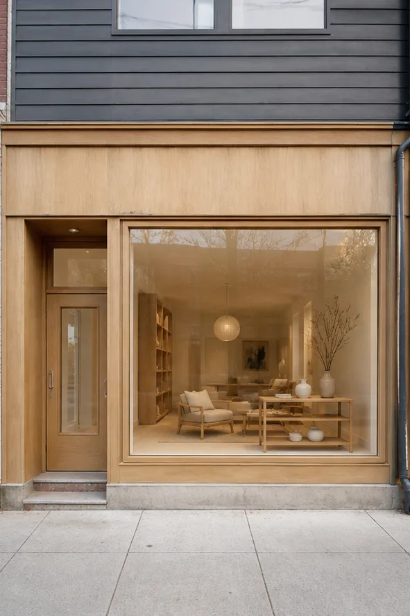 plain neighborhood storefront with a large display window after the reference-guided edit