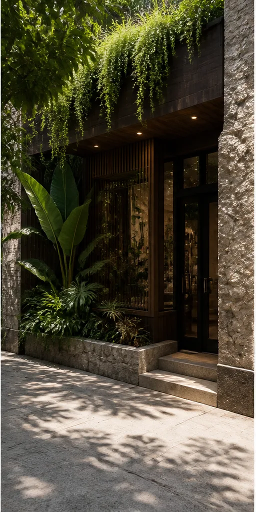 Reference for tropical modern design with dark timber, broad-leaf plants, and textured stone