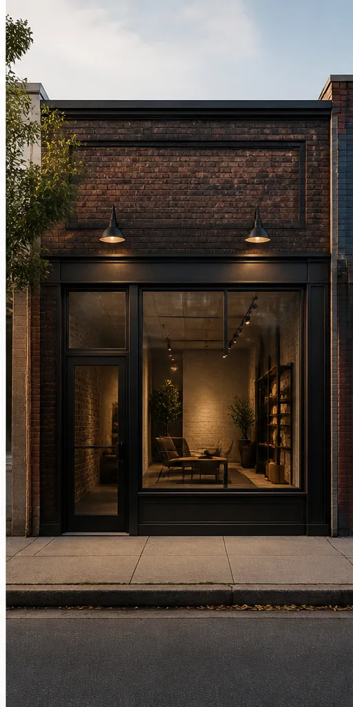 Reference for refined industrial design with blackened steel, reclaimed brick, and warm task light