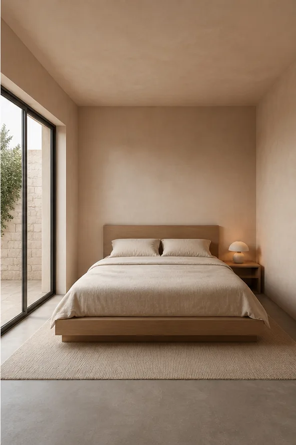 neutral bedroom with a platform bed and simple bedside table after the reference-guided edit