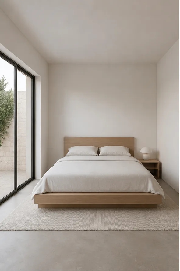 Unedited neutral bedroom with a platform bed and simple bedside table