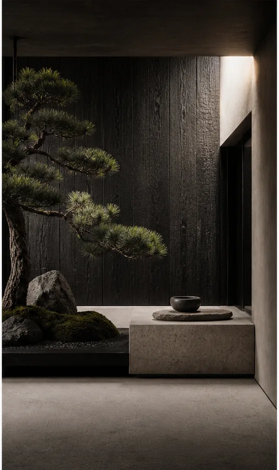 Reference for Japanese wabi-sabi design with charred wood, pale stone, and sculptural pine