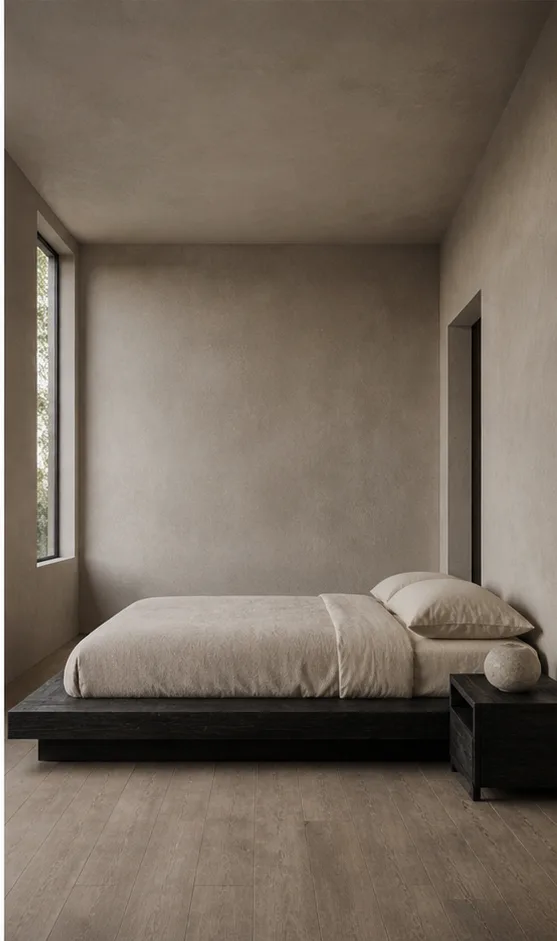 neutral bedroom with a platform bed and simple bedside table after the reference-guided edit