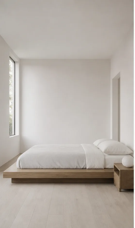 Unedited neutral bedroom with a platform bed and simple bedside table