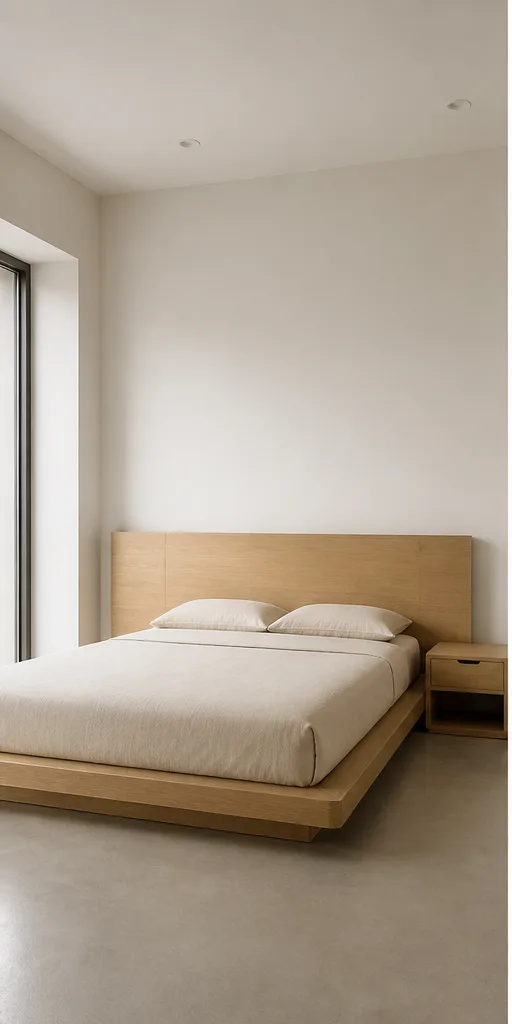 Unedited neutral bedroom with a platform bed and simple bedside table