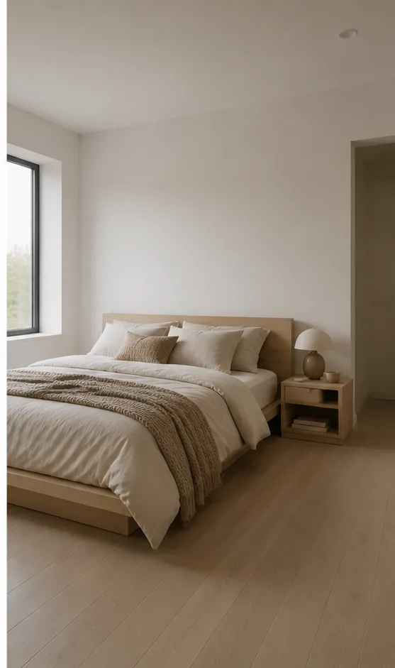 neutral bedroom with a platform bed and simple bedside table after the reference-guided edit