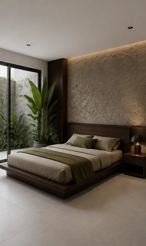 neutral bedroom with a platform bed and simple bedside table after the reference-guided edit
