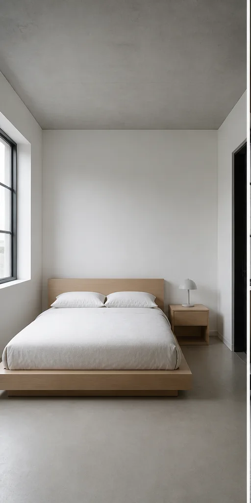 Unedited neutral bedroom with a platform bed and simple bedside table