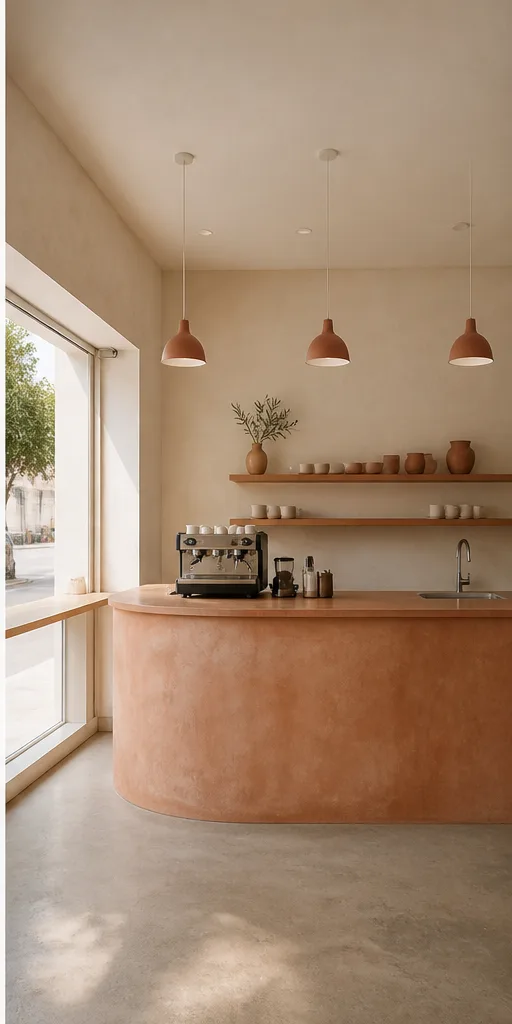 compact cafe counter with pale wood and simple pendant lights after the reference-guided edit