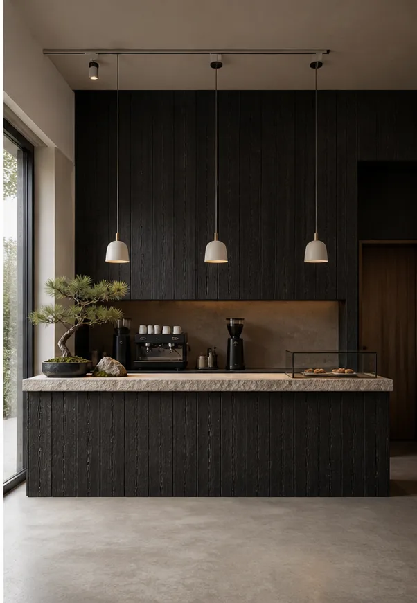 compact cafe counter with pale wood and simple pendant lights after the reference-guided edit