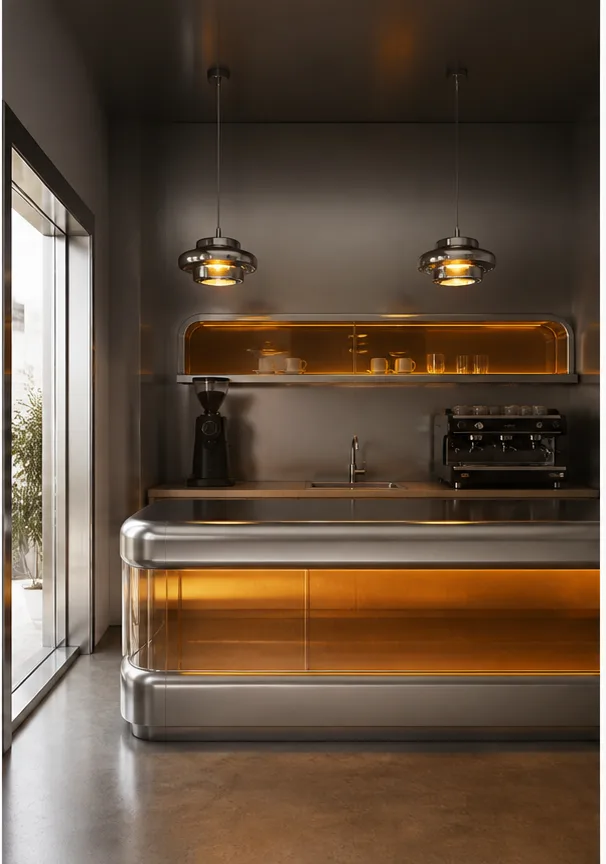 Reference for retro-futurist design with brushed chrome, translucent acrylic, and amber light
