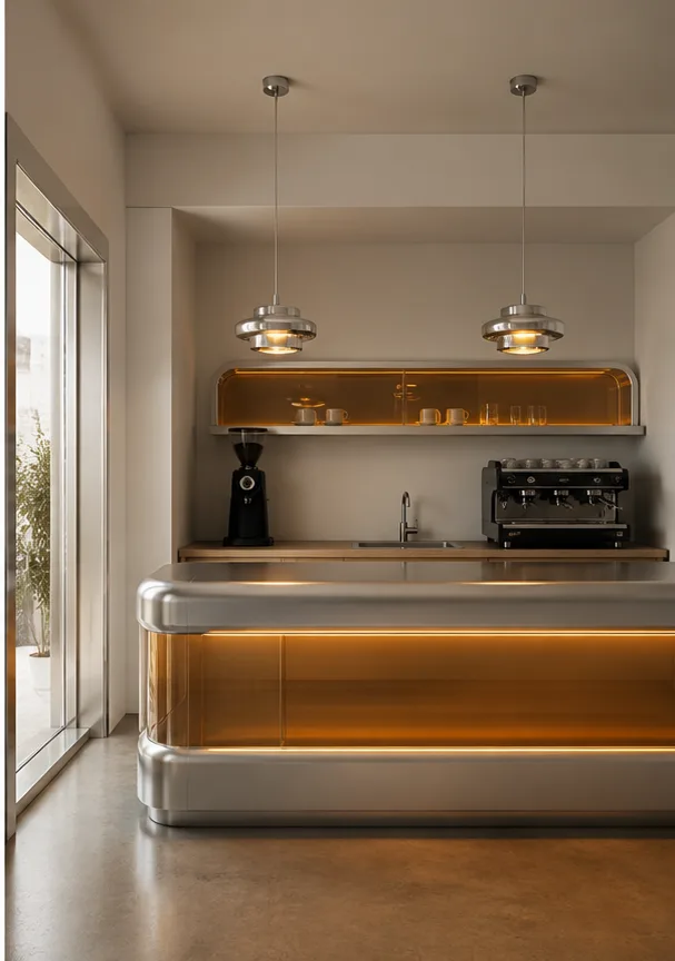 compact cafe counter with pale wood and simple pendant lights after the reference-guided edit