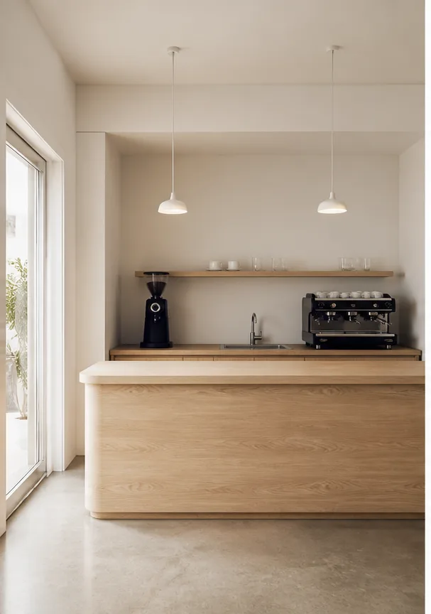 Unedited compact cafe counter with pale wood and simple pendant lights