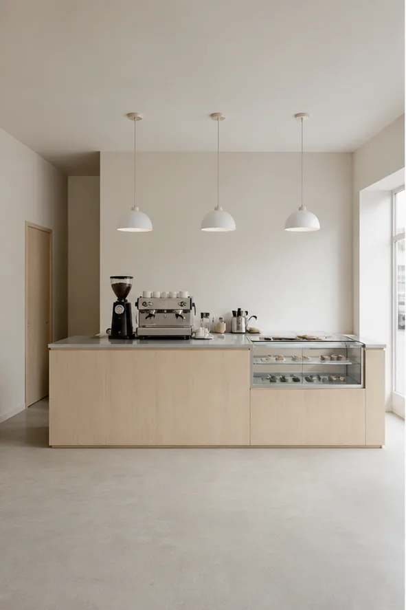 Unedited compact cafe counter with pale wood and simple pendant lights