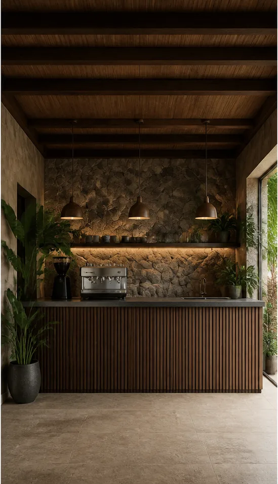 Reference for tropical modern design with dark timber, broad-leaf plants, and textured stone