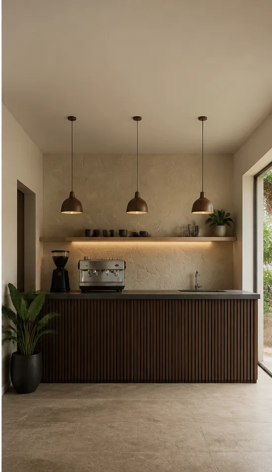 compact cafe counter with pale wood and simple pendant lights after the reference-guided edit