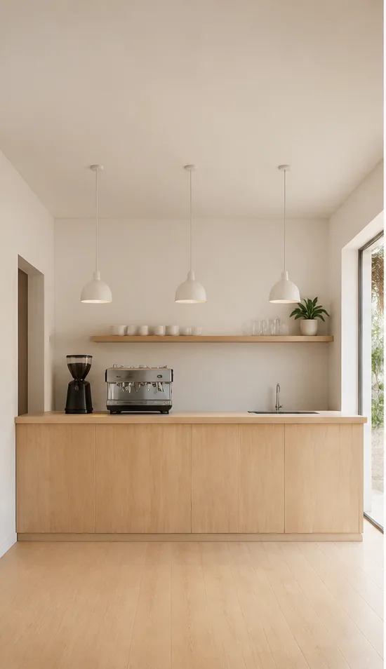 Unedited compact cafe counter with pale wood and simple pendant lights