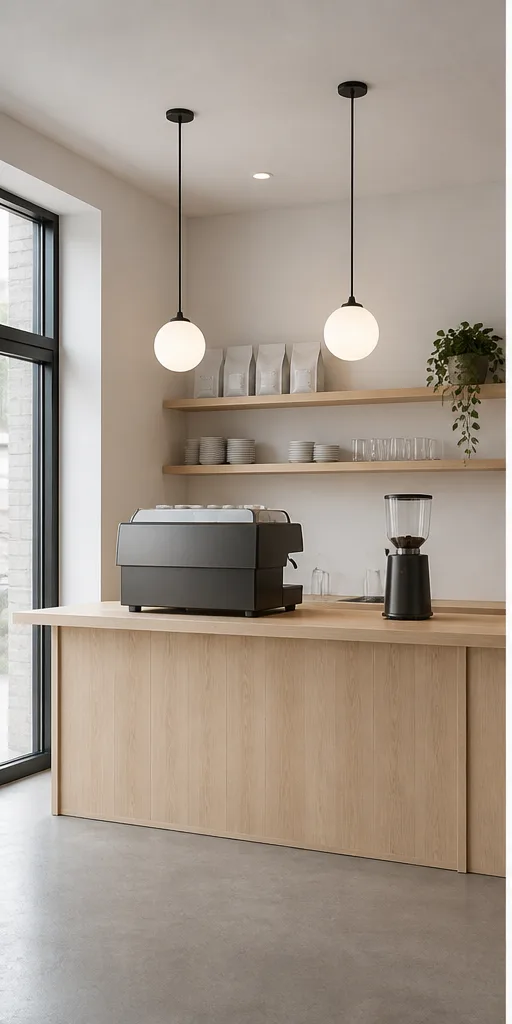 Unedited compact cafe counter with pale wood and simple pendant lights