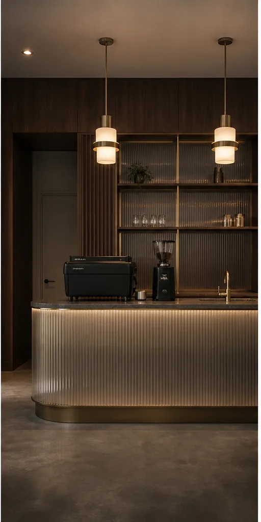 Reference for contemporary Art Deco design with fluted glass, walnut, and muted brass