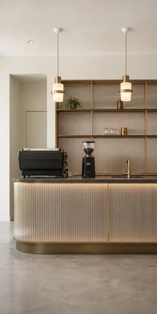 compact cafe counter with pale wood and simple pendant lights after the reference-guided edit