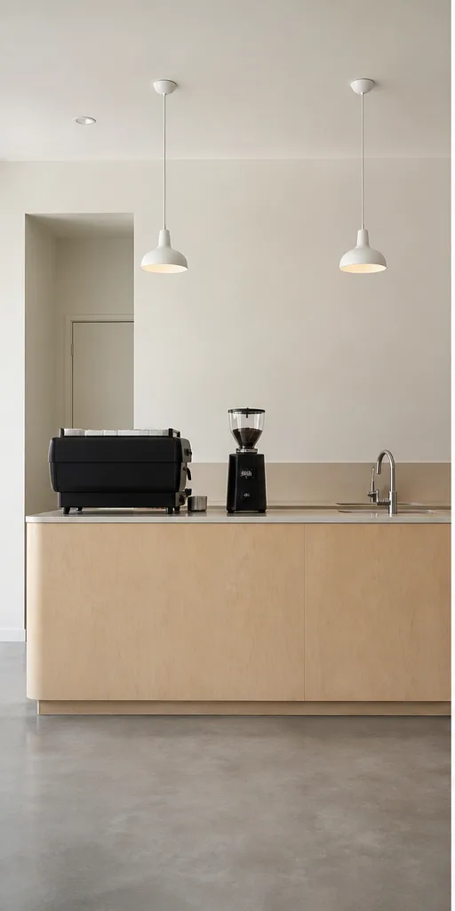 Unedited compact cafe counter with pale wood and simple pendant lights