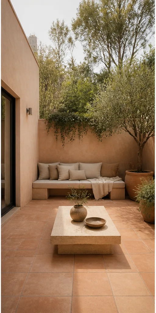 Reference for lush Mediterranean design with terracotta, olive trees, and warm linen