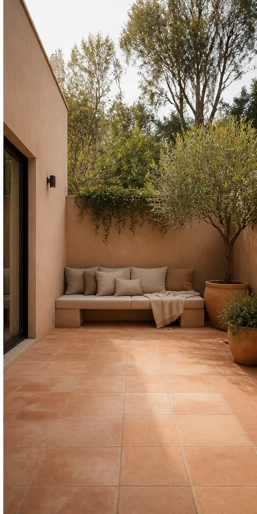 bare urban garden patio with concrete paving and a bench after the reference-guided edit