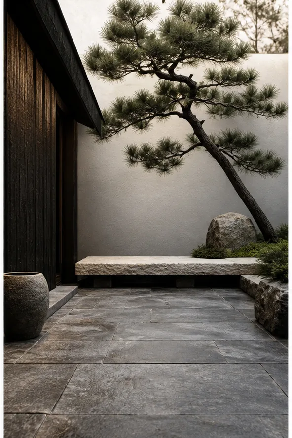 Reference for Japanese wabi-sabi design with charred wood, pale stone, and sculptural pine