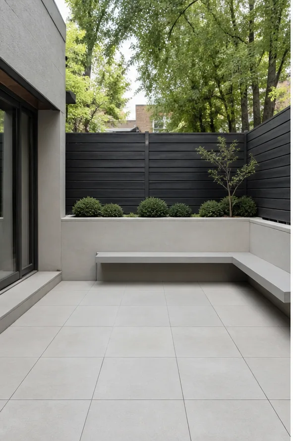 Unedited bare urban garden patio with concrete paving and a bench