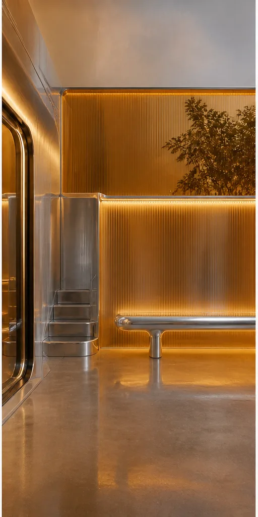 Reference for retro-futurist design with brushed chrome, translucent acrylic, and amber light