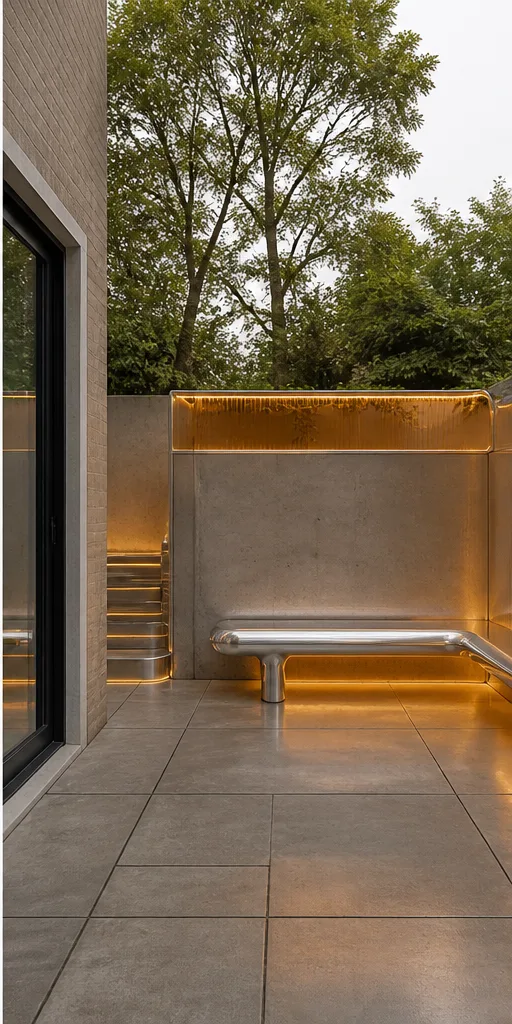 bare urban garden patio with concrete paving and a bench after the reference-guided edit