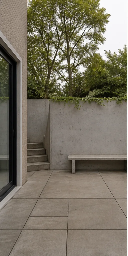 Unedited bare urban garden patio with concrete paving and a bench