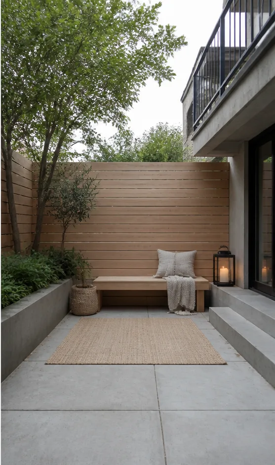 bare urban garden patio with concrete paving and a bench after the reference-guided edit