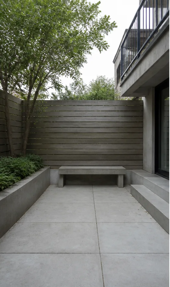 Unedited bare urban garden patio with concrete paving and a bench