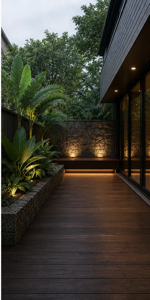 bare urban garden patio with concrete paving and a bench after the reference-guided edit
